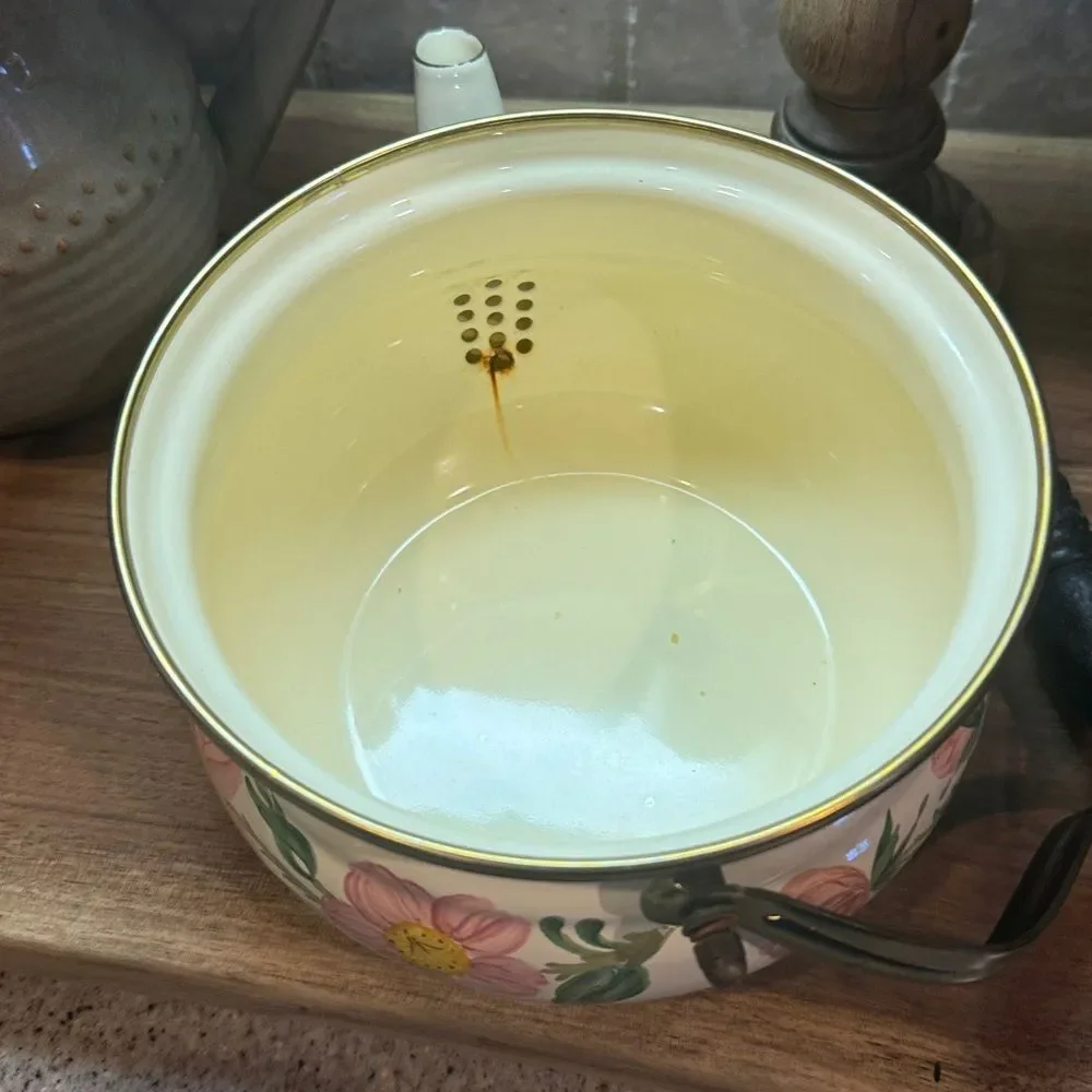 Franciscan Pink Floral Enamel Teapot with Wooden Handle